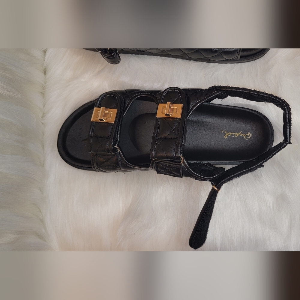 Black, vegan leather with gold snaps, velcro strap "Dad" sandal - Picture 3 of 4